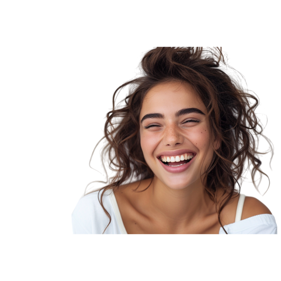 Close Up Portrait of a Woman With Brunette Hair Smiling in a White Shirt png