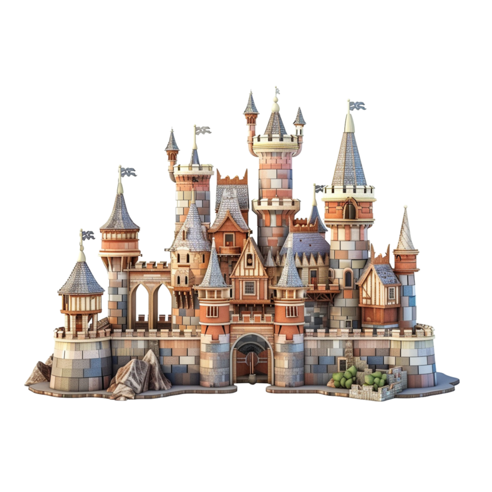Large Stone Medieval Castle With Multiple Towers and a Drawbridge png