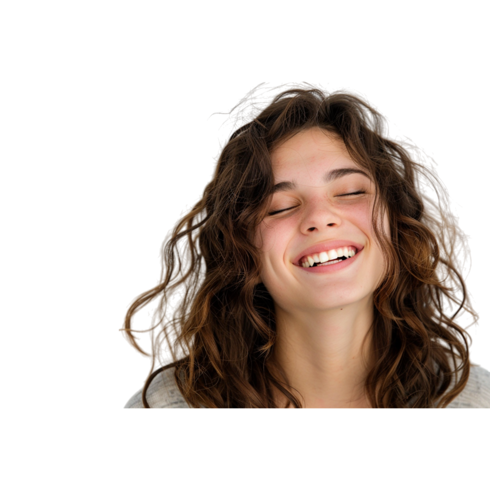 Woman With Curly Brown Hair Smiling Joyfully png