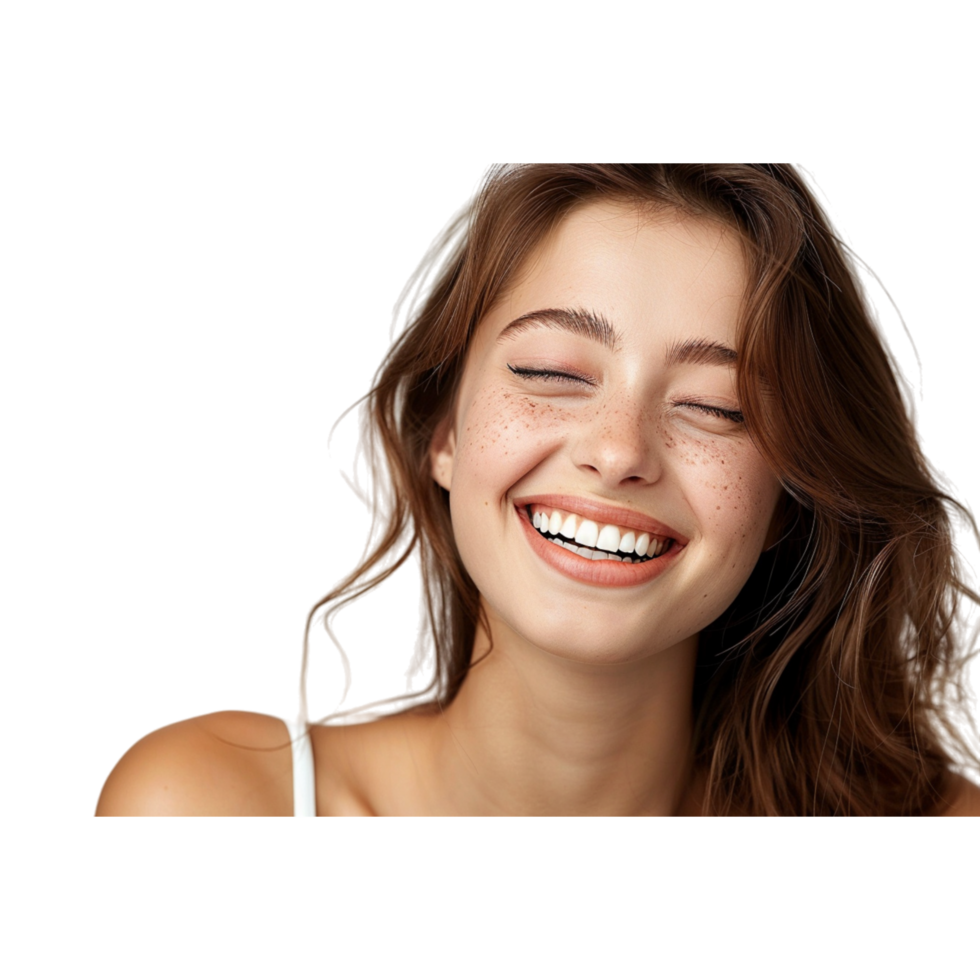 Woman With Freckles Smiling With Closed Eyes png