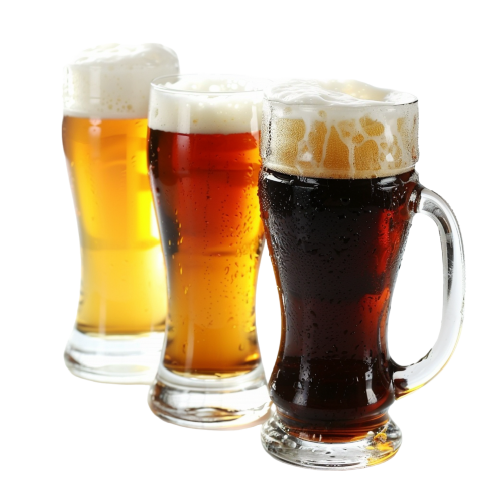 Three Glasses of Frothy Beer With White Background png