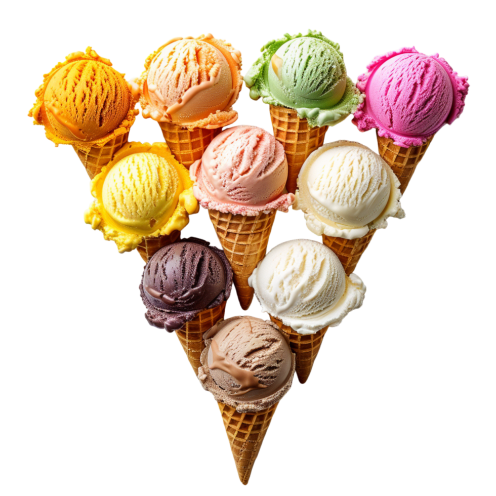 Colorful Ice Cream Cones Arranged in a Triangle Shape png
