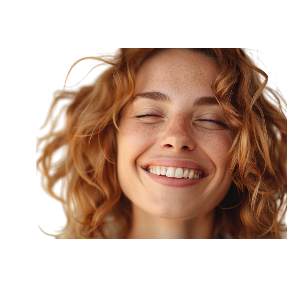 Close Up Portrait of a Woman With Red Hair and Freckles Smiling With Eyes Closed png