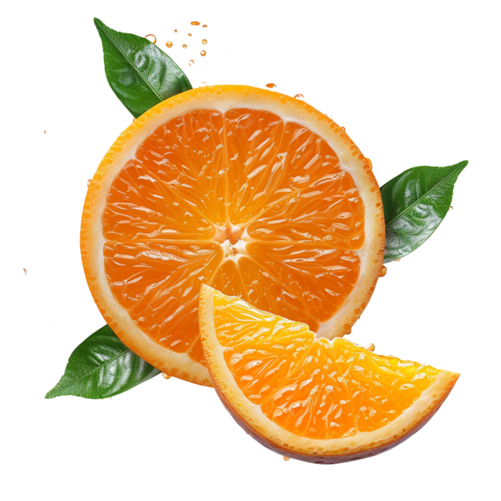 Fresh Orange Slices With Green Leaves and Juice Droplets png