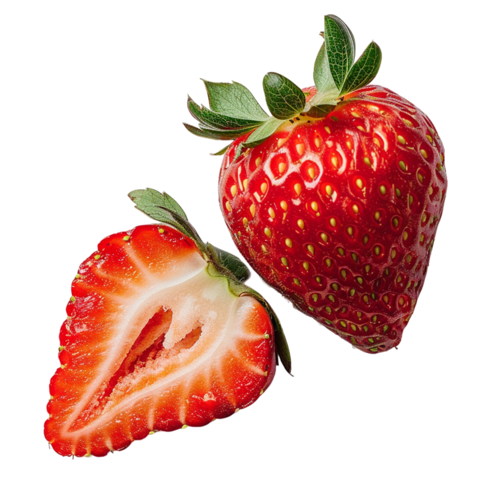 Two Fresh Red Strawberries With One Cut in Half, Isolated on a White Background png