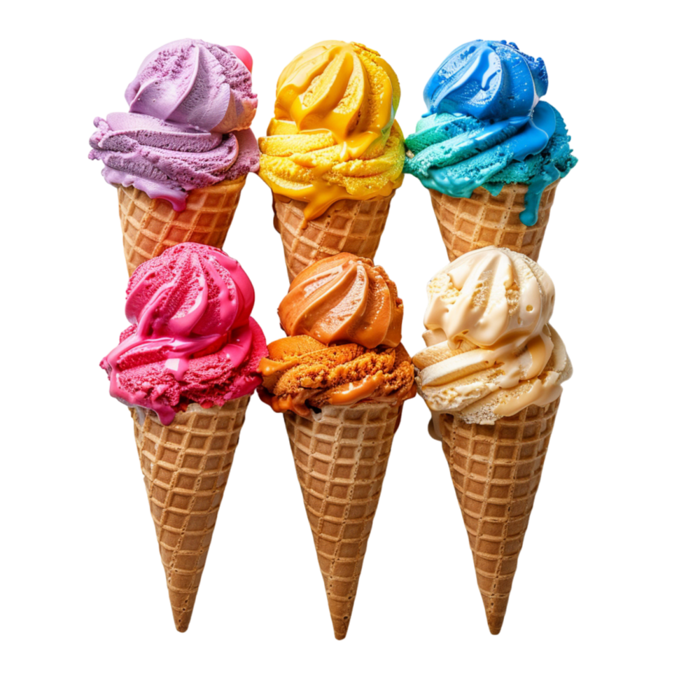 Six Colorful Ice Cream Cones Arranged in a Row Against a White Background png