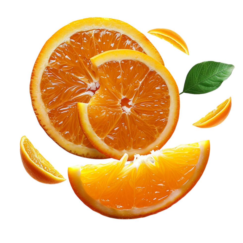 Fresh Orange Slices and Leaf Falling Through Air png