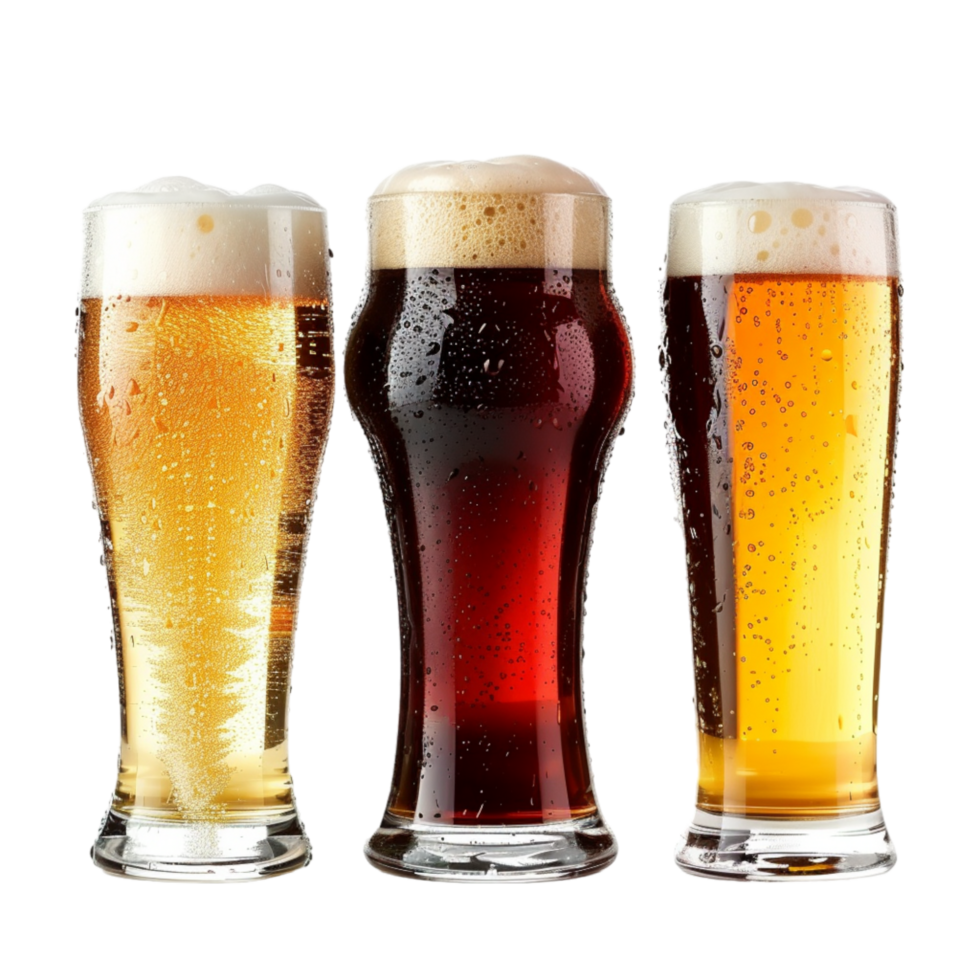 Three Cold Glasses of Beer With Condensation on White Background png