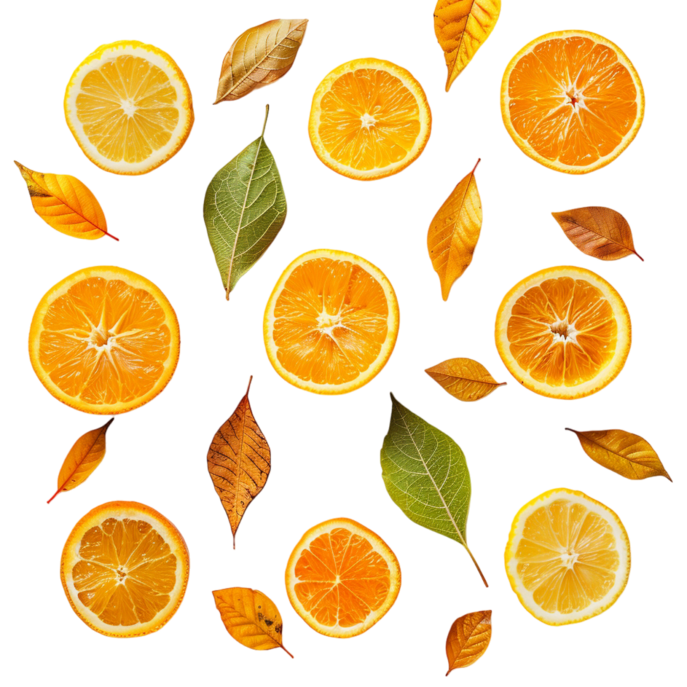 Fresh Orange and Lemon Slices With Autumn Leaves on White Background png