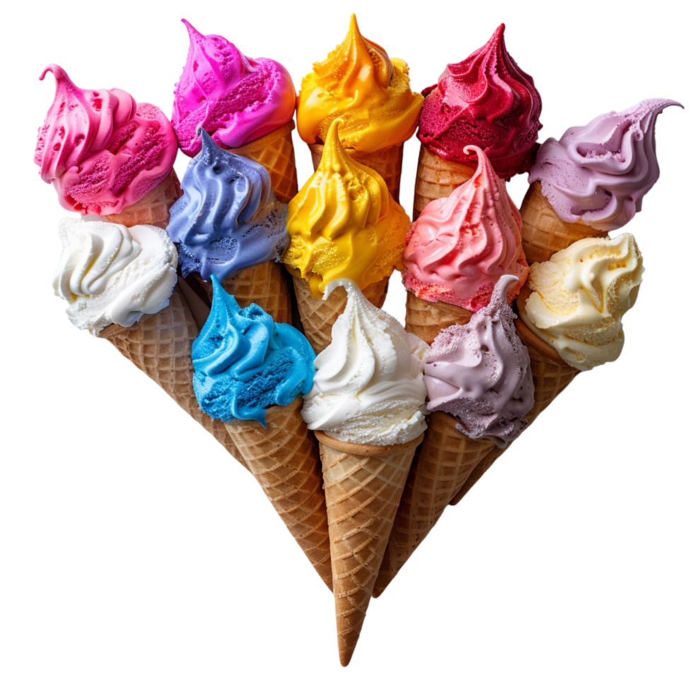Colorful Ice Cream Cones in a Fan Shape on a White Background png