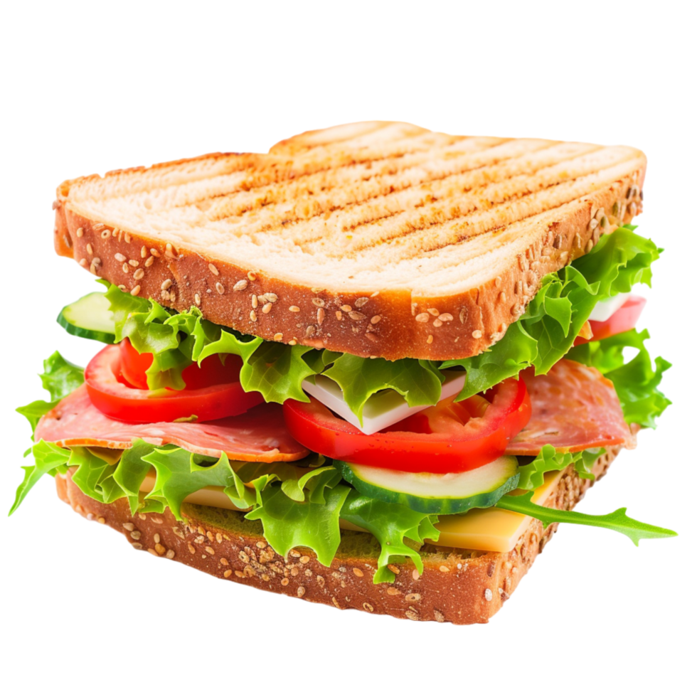 Grilled Sesame Seed Sandwich With Lettuce, Tomato, Cucumber, and Salami png