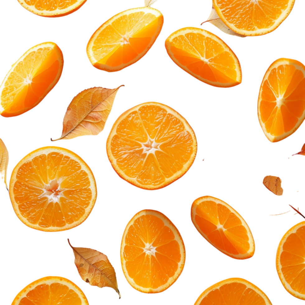 Sliced Oranges and Autumn Leaves on White Background png
