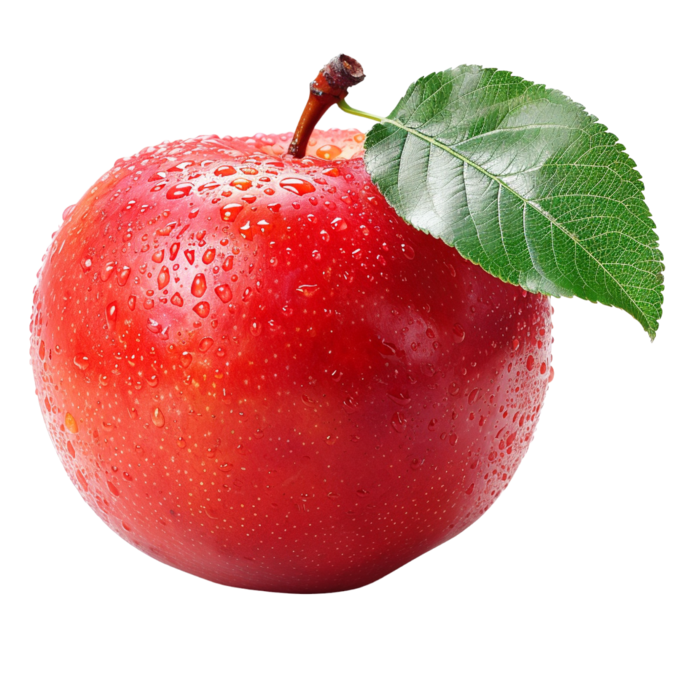A Fresh Red Apple With Dew Drops and a Single Leaf png