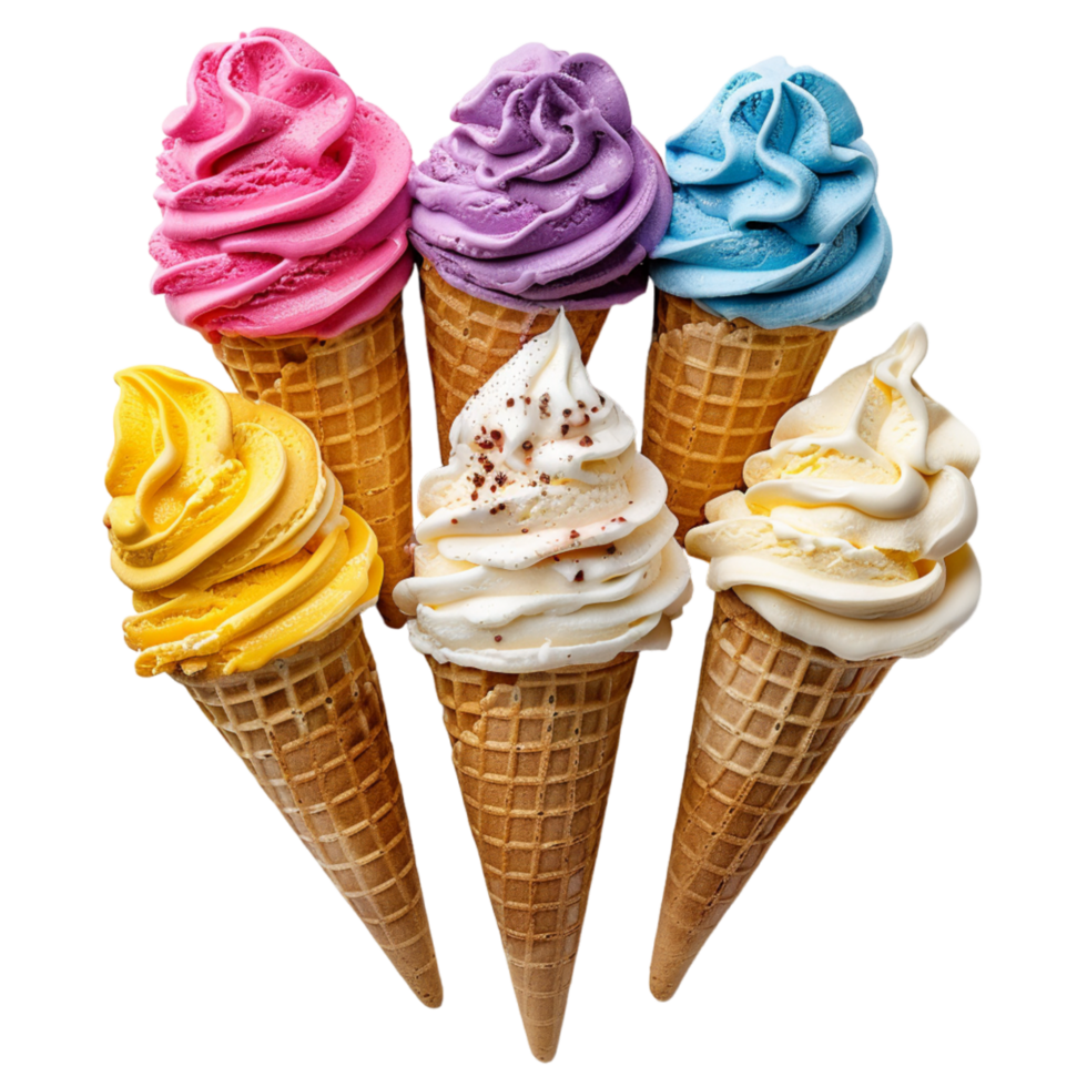 cinco colorida gelo creme cones arranjado dentro uma linha contra uma branco fundo png