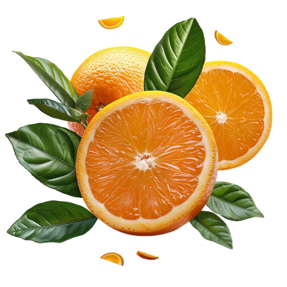Freshly Sliced Orange With Leaves and Slices on White Background png