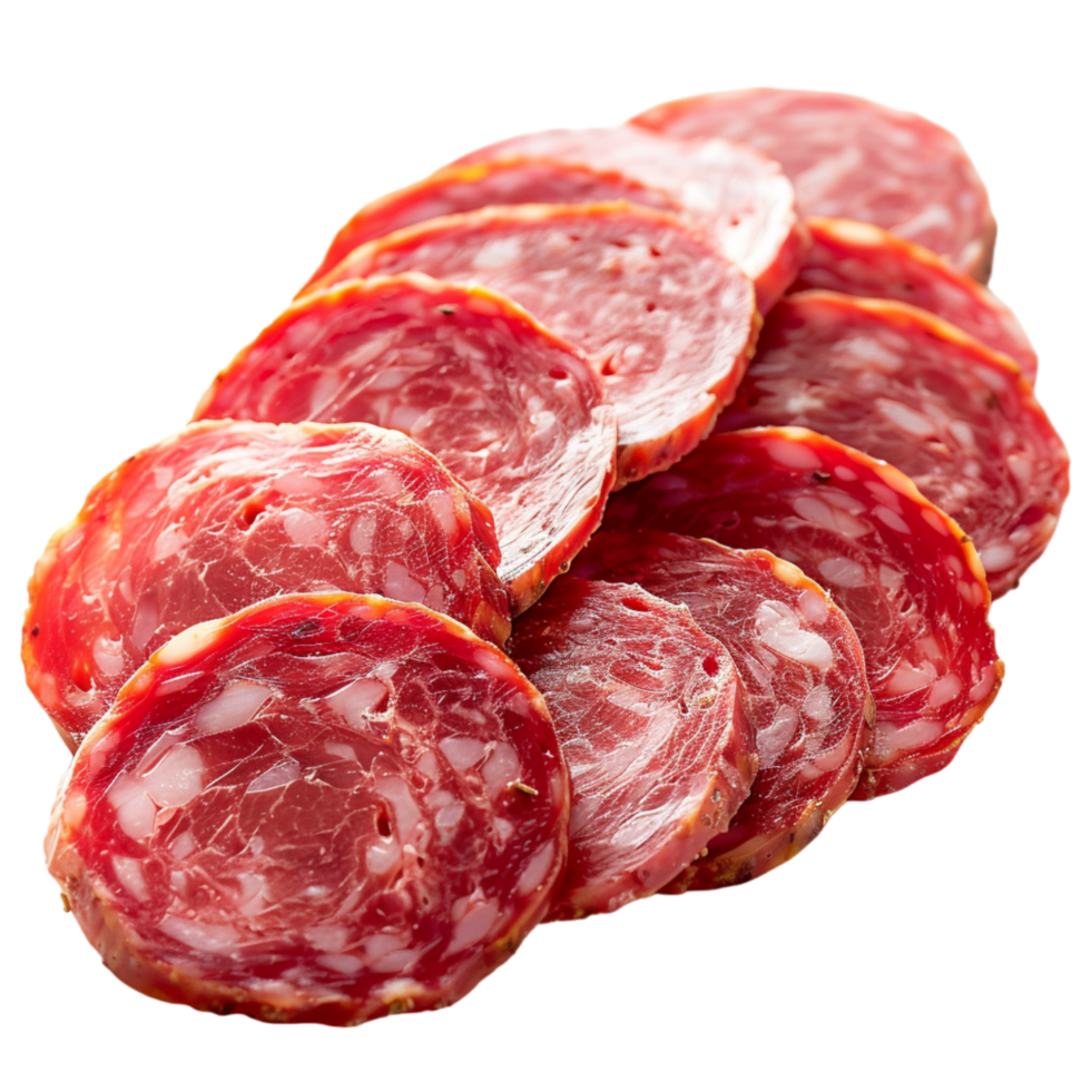 Sliced Salami With Visible Fat and Peppercorns png
