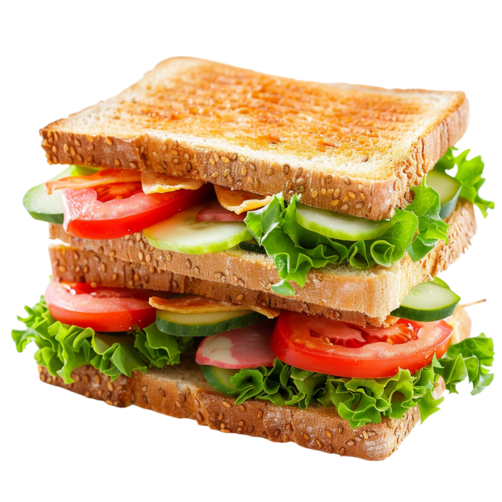 Freshly Made Multi-Layer Sandwich With Toasted Bread, Lettuce, Tomato, and Cucumber png