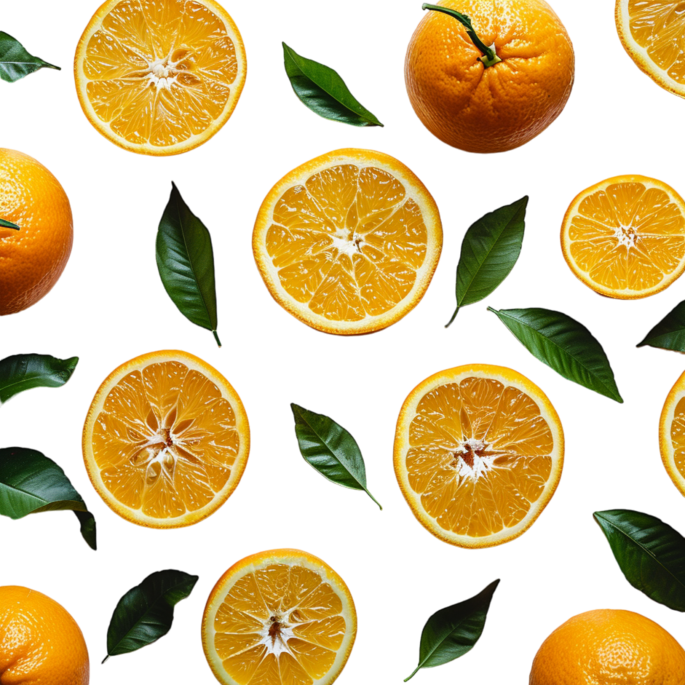 Fresh Orange Slices and Leaves Isolated on White Background png