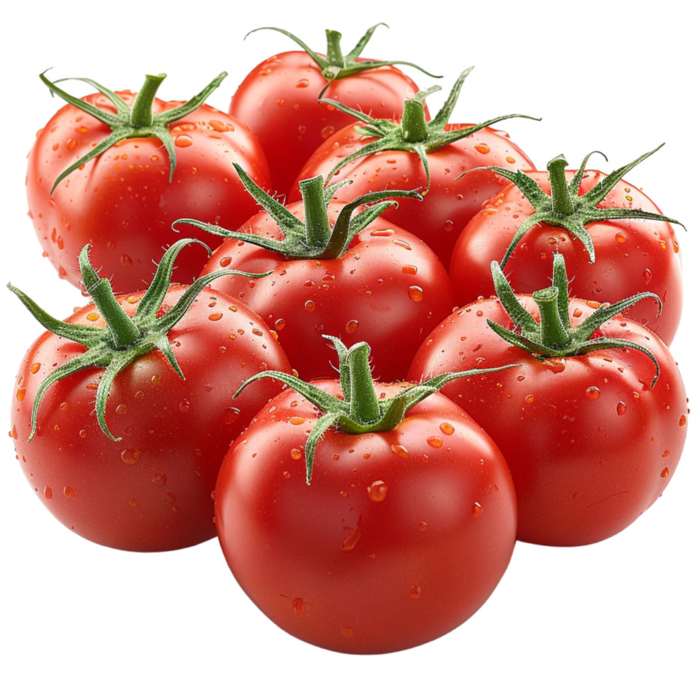 Fresh Red Tomatoes With Green Stems and Water Droplets png