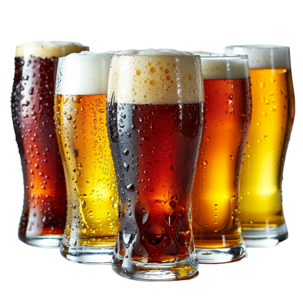 Five Glasses of Cold, Frothy Beer on a White Background png
