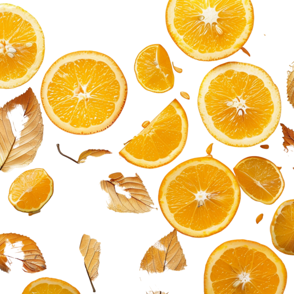 Fresh Orange Slices and Dried Leaves Falling on White Background png