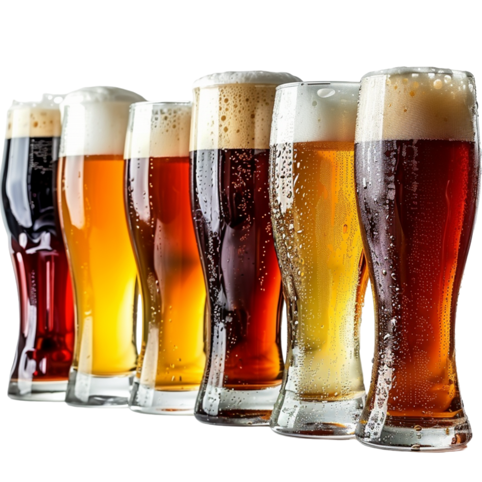 A Row of Six Full Glasses of Cold Beer png