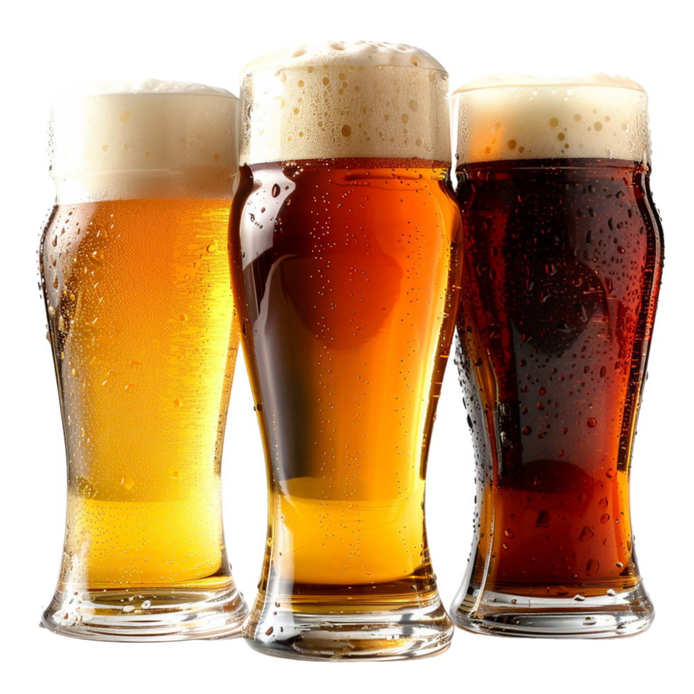 Three Glasses of Beer With Frothy Heads and Condensation png
