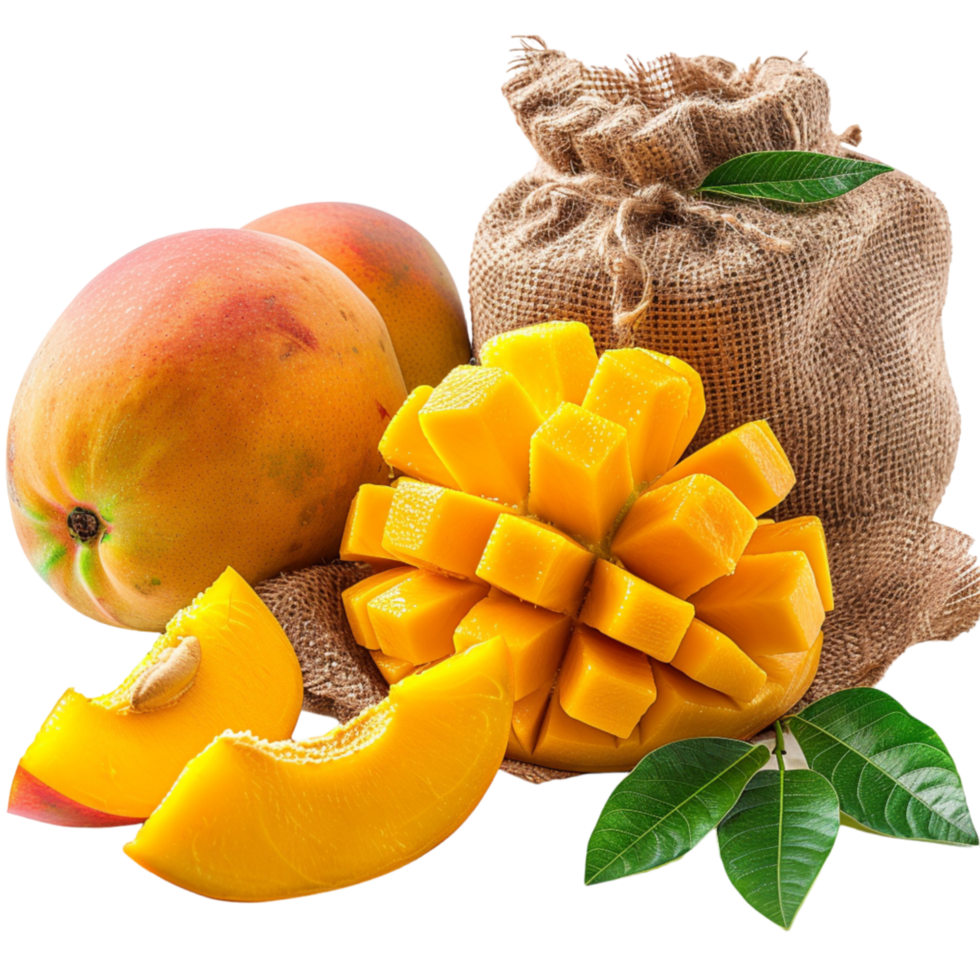 Fresh Ripe Mangoes With Sliced Pieces on Burlap Fabric png
