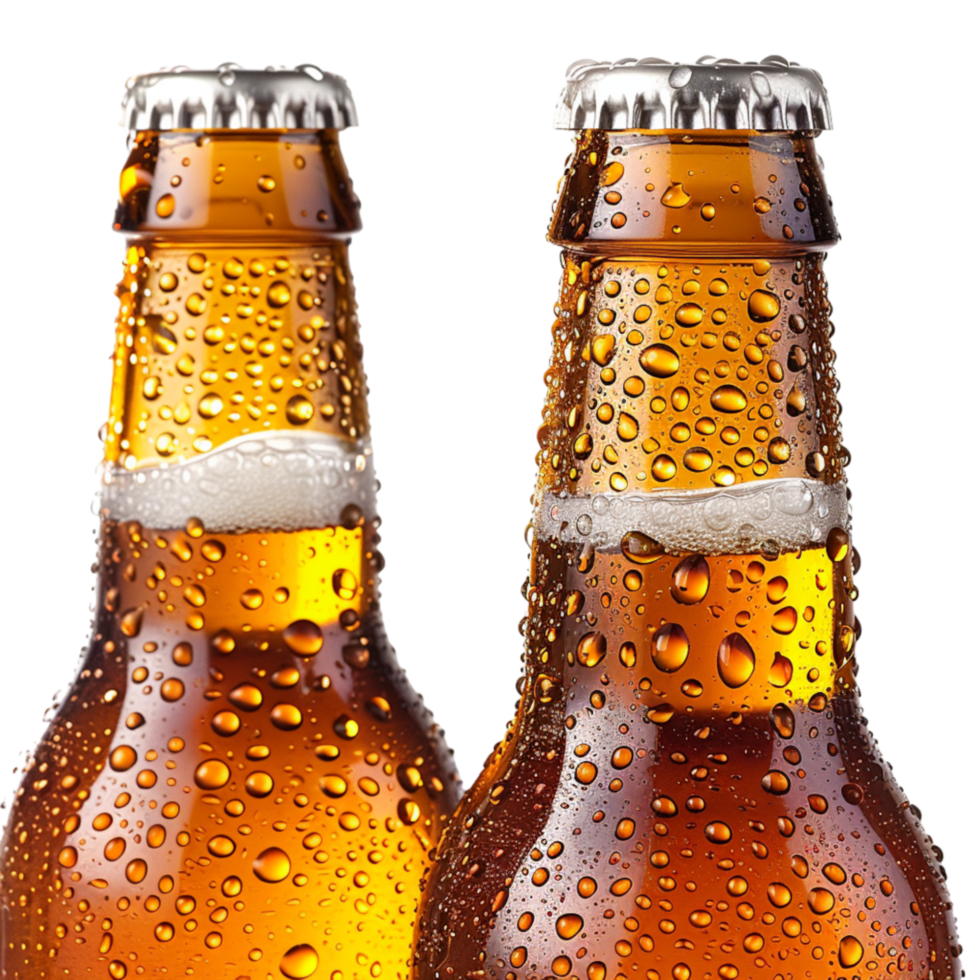 Two Cold Beer Bottles With Condensation and Foam png