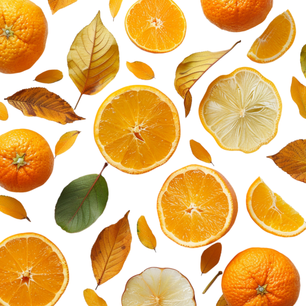 Fresh Oranges, Lemons, and Autumn Leaves on a White Background png