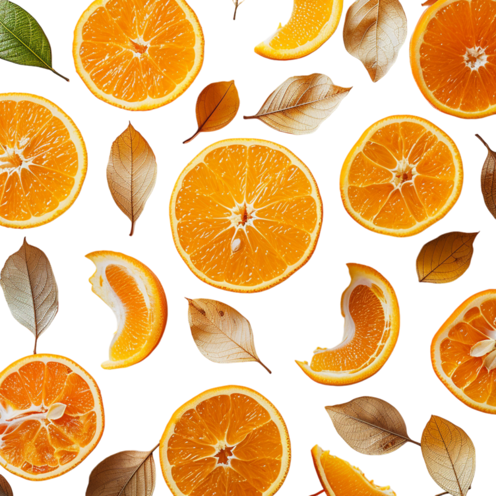 Fresh Orange Slices and Autumn Leaves on a White Background png