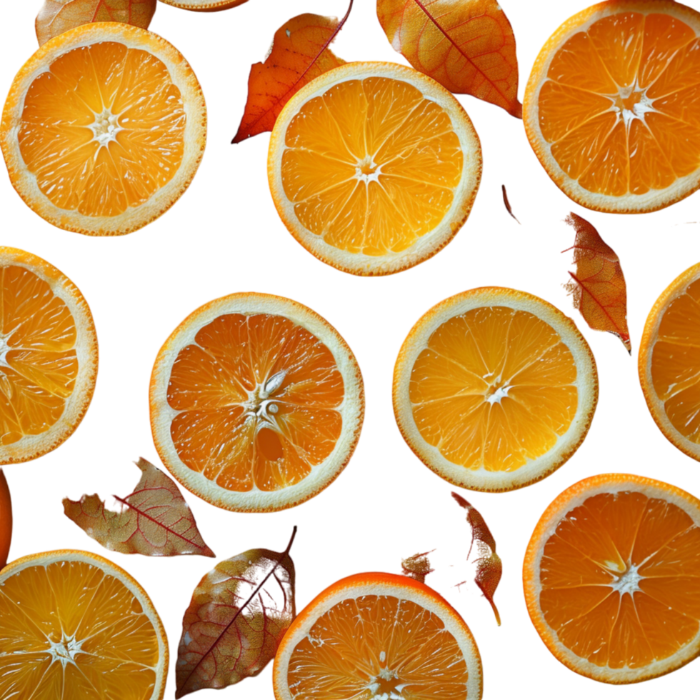 Freshly Sliced Orange Halves With Autumn Leaves on a White Background png