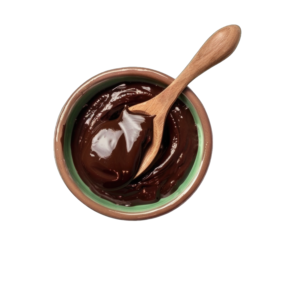 Melted Dark Chocolate in Bowl With Wooden Spoon png