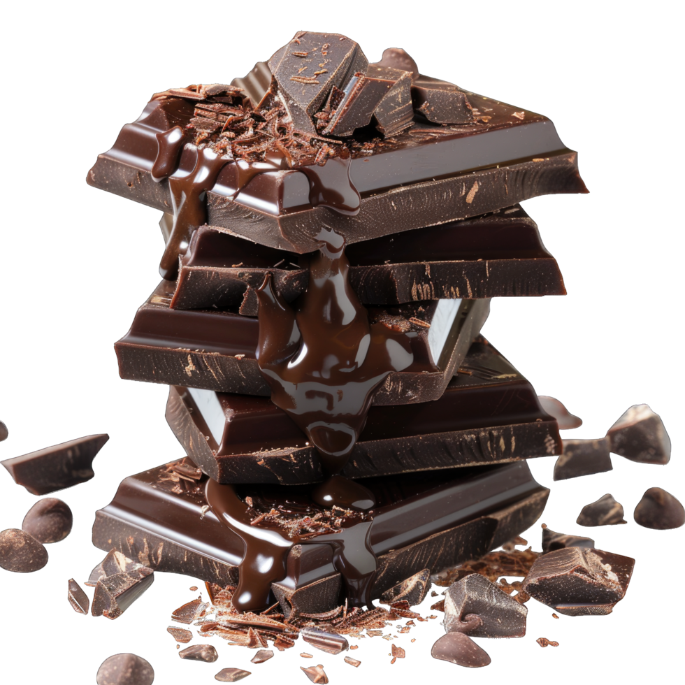 Stack of Dark Chocolate Bars With Melted Drizzle and Pieces png