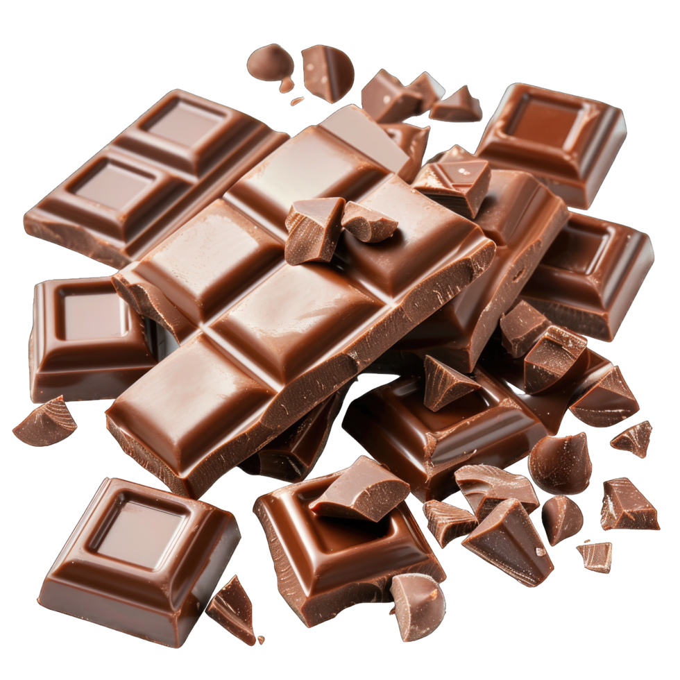 Broken Milk Chocolate Bar Pieces Falling on White Background png