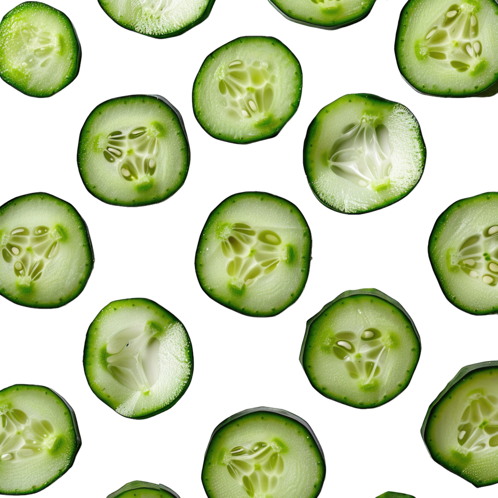 Fresh Green Cucumber Slices Arranged on a White Background With Transparent Overlay png