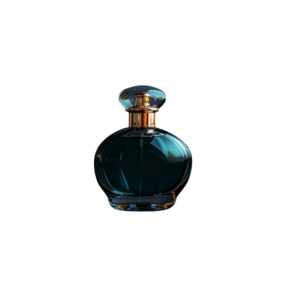 Dark Blue Glass Perfume Bottle With Gold Accents on a Checkered Background png