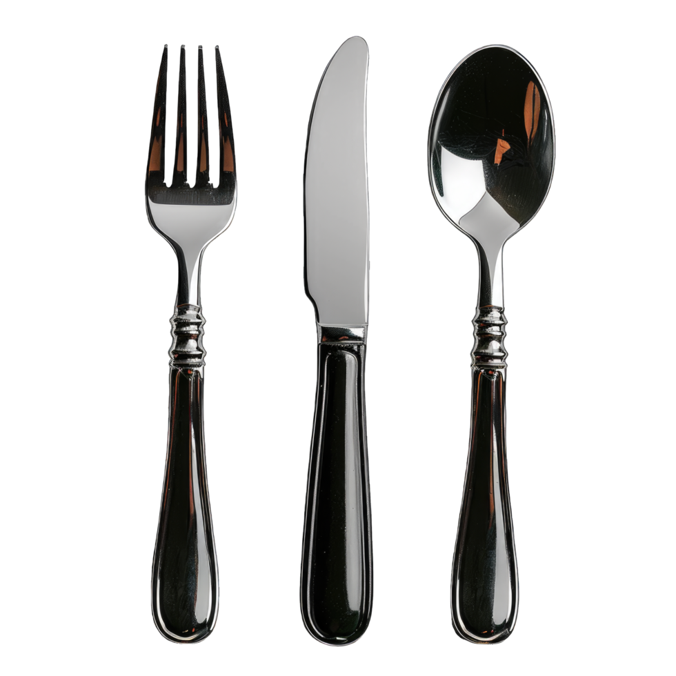Silverware Set With Black Handles on White Background png