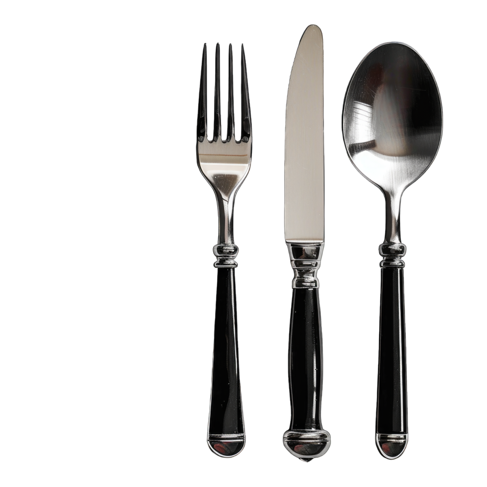 Silver Fork, Knife, and Spoon With Black Handles on a White Background png