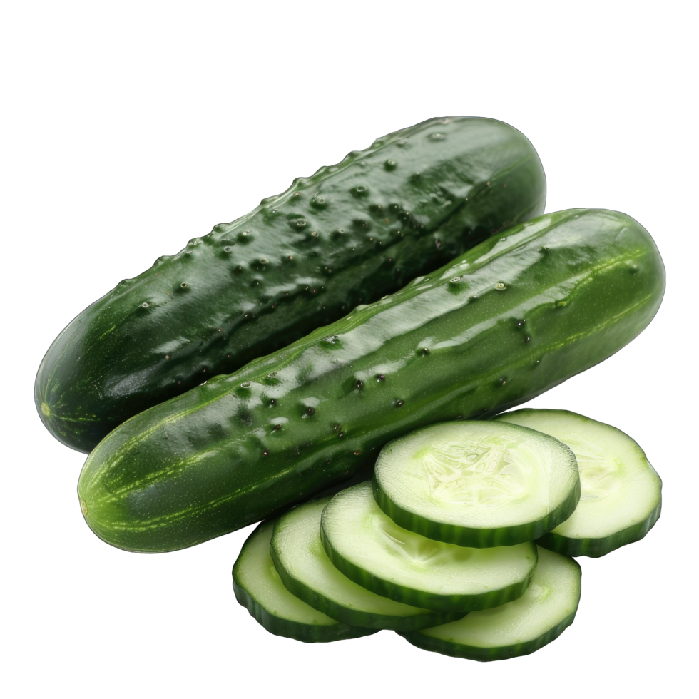 Fresh Green Cucumbers Sliced and Whole on White Background png
