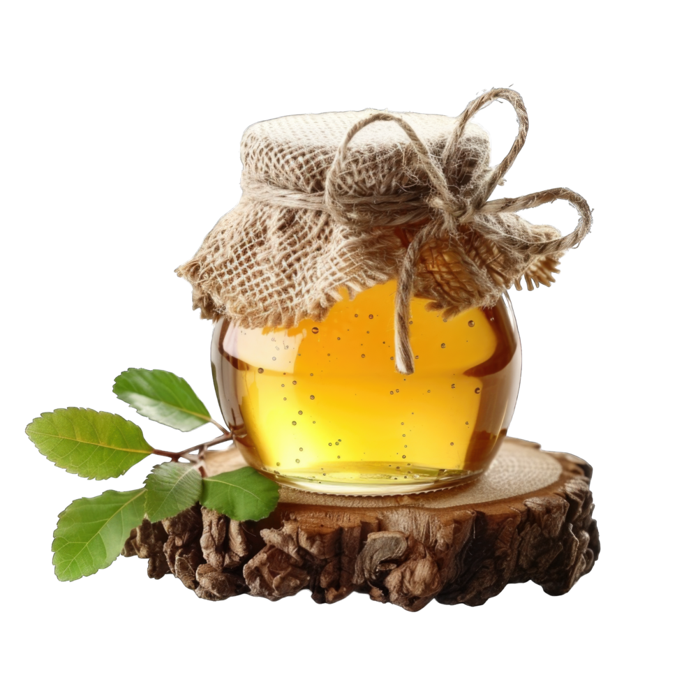 Jar of Honey on Rustic Wood Slab With Green Leaves png
