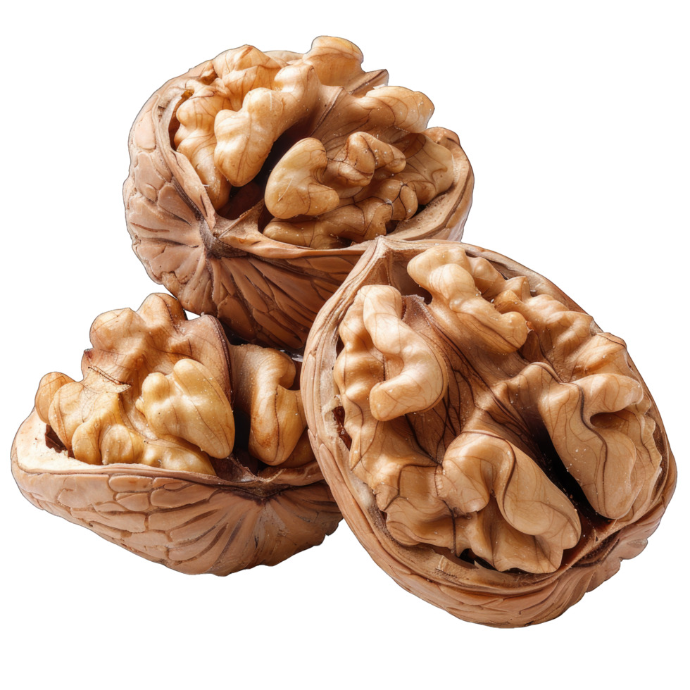 Three Open Walnuts With Kernels Isolated on a White Background png