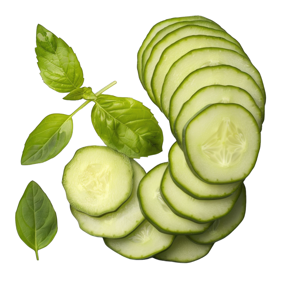 Fresh Green Cucumber Slices With Basil Leaves Isolated on Transparent Background png