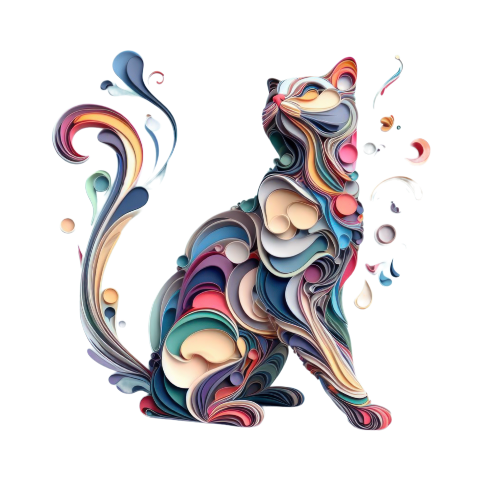 Colorful Paper Cat Illustration With Swirls and Circles png