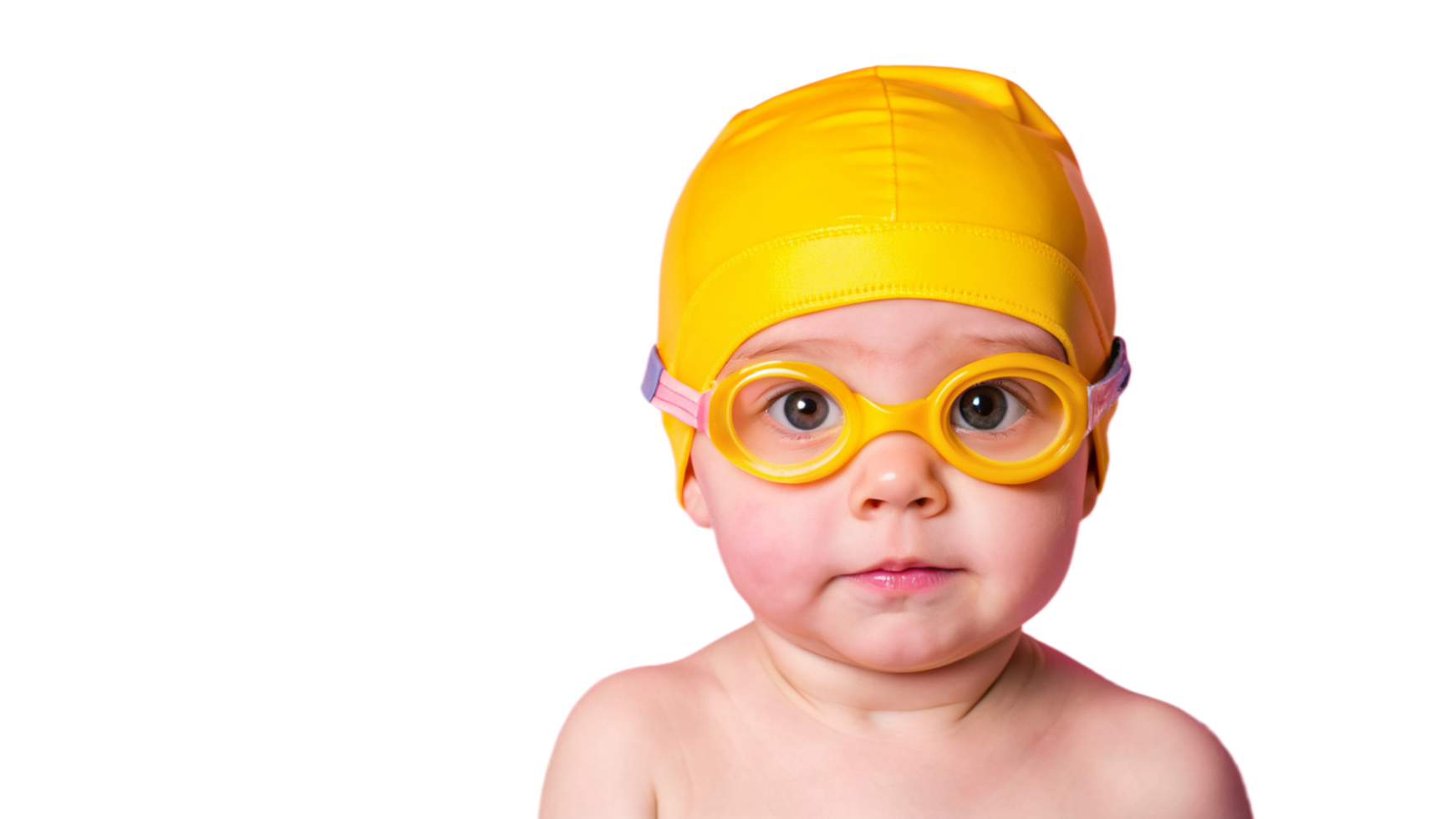 Baby Wearing Yellow Swim Cap and Goggles png