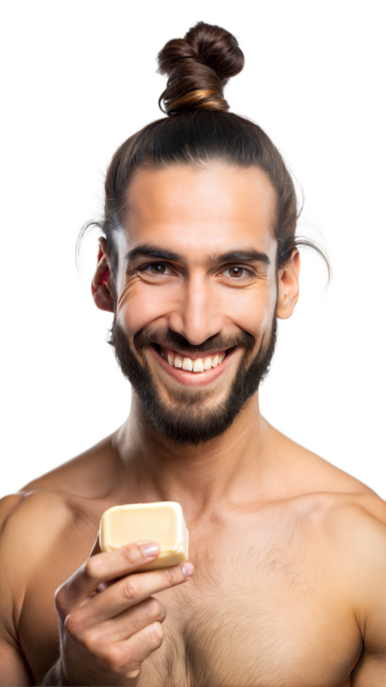 Happy Young Man With Top Knot Holding Bar of Soap png