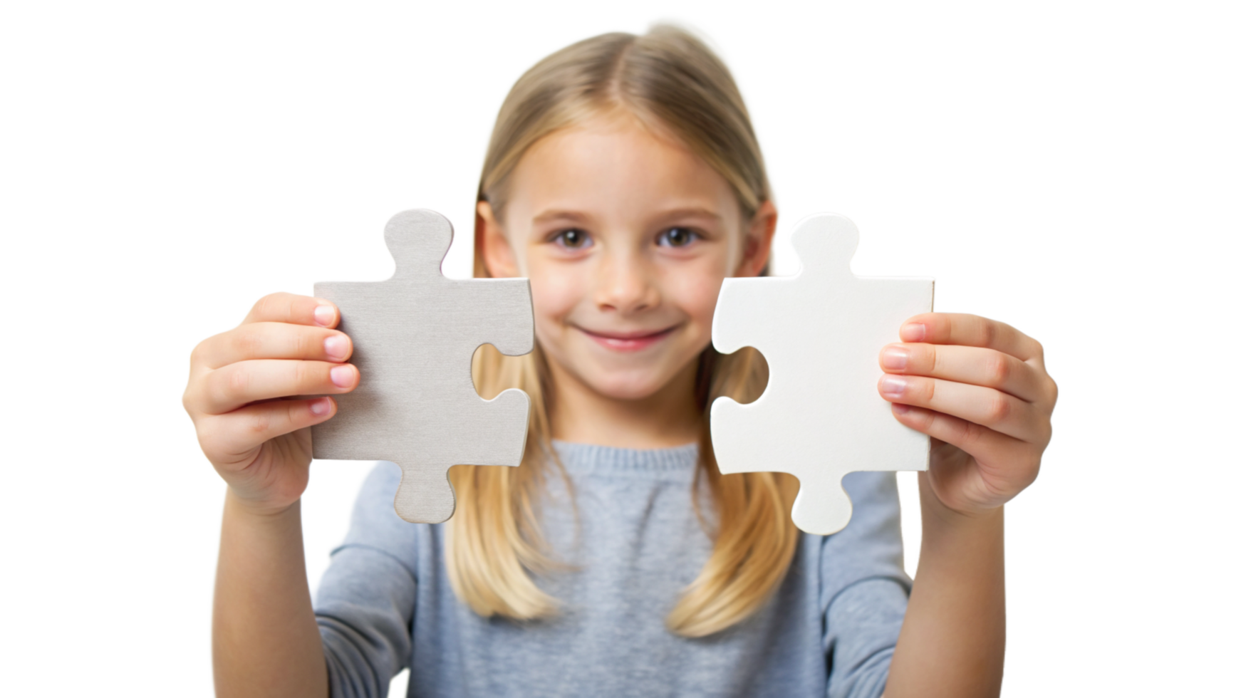 Young Girl Holding Two White Puzzle Pieces png