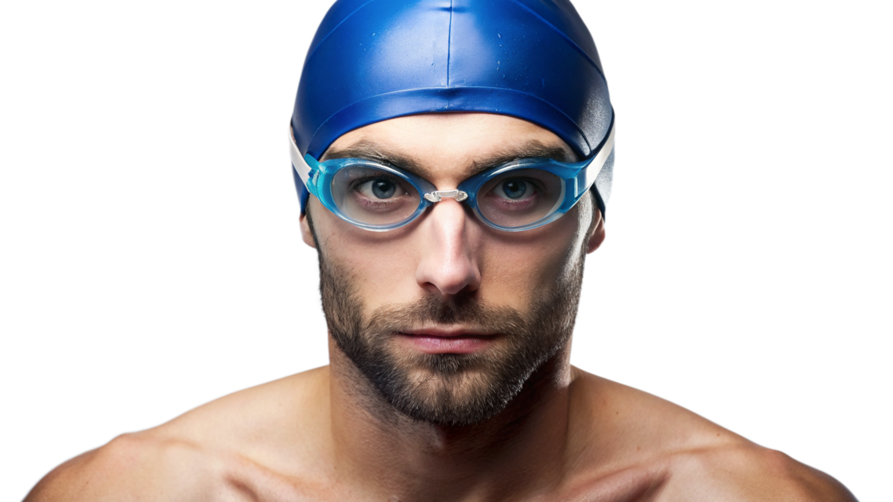 Man Wearing Swimming Goggles and Cap Looking Directly at the Camera png