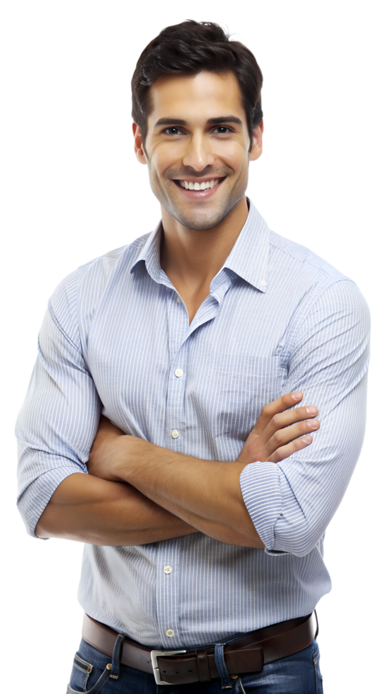 Portrait of a Smiling Man With Arms Crossed Wearing a Blue Striped Shirt png