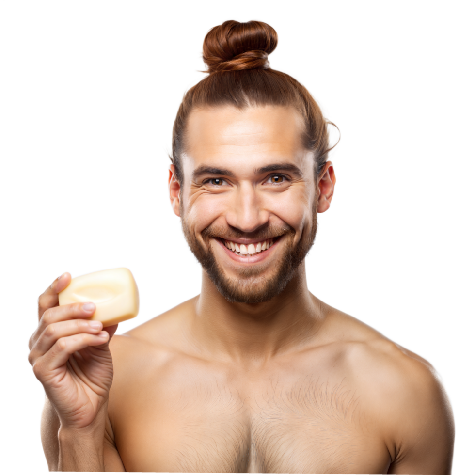 Smiling Man With Man Bun Holding a Bar of Soap png